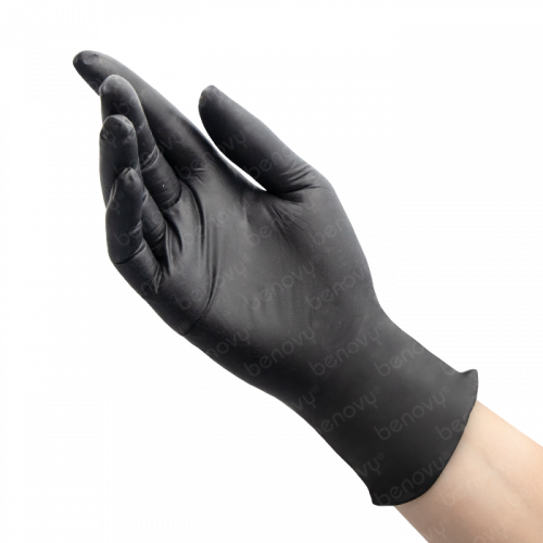 Перчатки смотровые нитриловые черные текстурированные на пальцах неопудренные с однократной хлоринацией. Малайзия